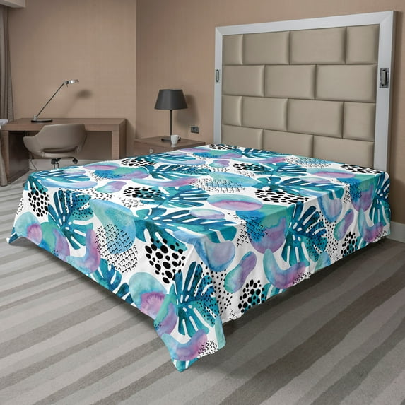 Ambesonne Tropical Boho Flat Bedding Sheet Soft Top Sheet, Soft Palm Tree Leaves, California King, Seafoam Lilac Sea Blue