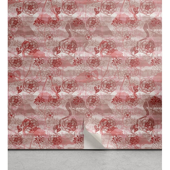 Ambesonne, Tropical Boho Peel & Stick Wallpaper for Home, Flamingo Floral Print, 13"x72", Ruby Pale Ruby Off White