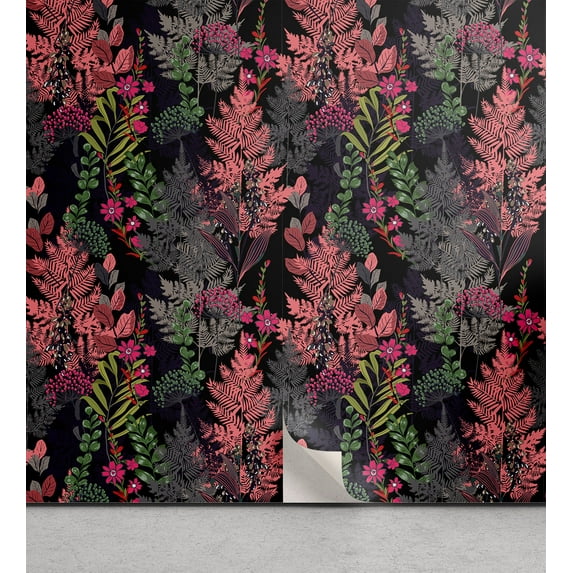 Ambesonne, Tropical Boho Peel & Stick Wallpaper for Home, Jungle Leaf Greenery, 13"x100", Pastel Pink and Charcoal Grey