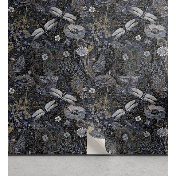 Ambesonne, Tropical Boho Peel & Stick Wallpaper for Home, Oriental Back Floral, 13"x72", Dark Ceil Blue Khaki