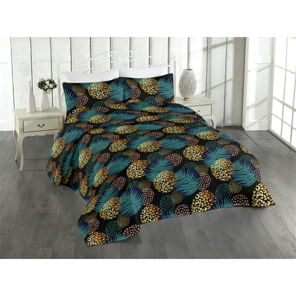 Ambesonne Tropical Boho Quilted Bedspread Set 3 Pcs, Exotic Leafy Abstract, Twin, Earth Yellow Sea Blue