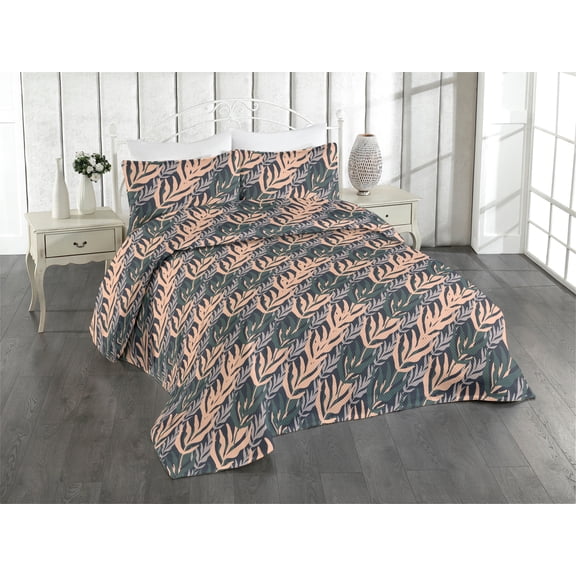 Ambesonne Tropical Boho Quilted Bedspread Set 3 Pcs, Simple Neutral Leaves, Queen, Peach Hunter Green Grey
