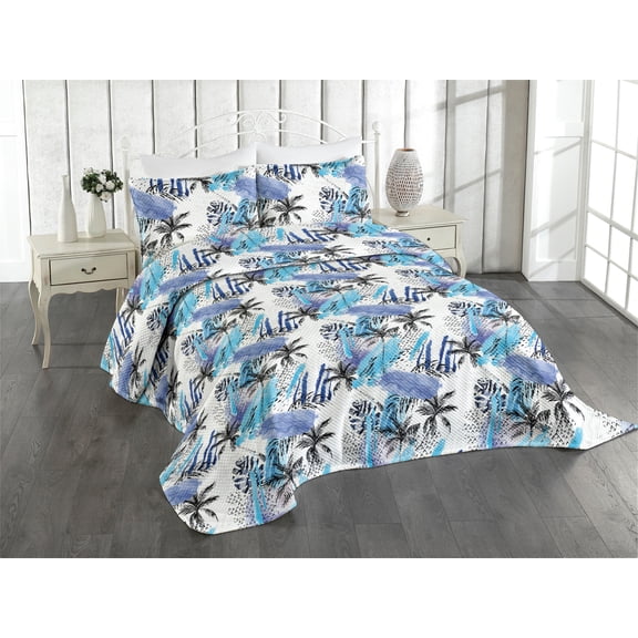 Ambesonne Tropical Boho Quilted Coverlet 2 Pcs, Abstract Brush Palm, Twin Size, Deep Sky Blue Ceil Blue