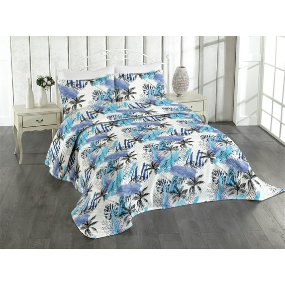 Ambesonne Tropical Boho Quilted Coverlet 3 Pcs, Abstract Brush Palm, King Size, Deep Sky Blue Ceil Blue
