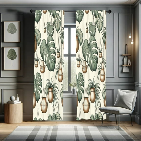 Ambesonne Tropical Curtains 2 Panel Set, Modern Greenery Monstera, Pair of - 28" x 63", Laurel Green Dark Khaki