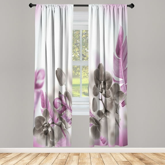 Ambesonne Tropical Curtains, Blooming Orchids Leaves, Pair of 28"x84", Pale Purple