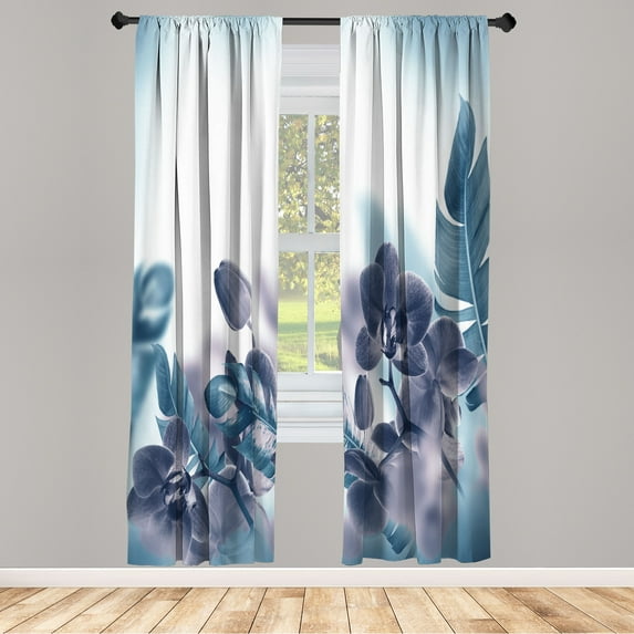 Ambesonne Tropical Curtains, Blooming Orchids Leaves, Pair of 28"x84", Sea Blue