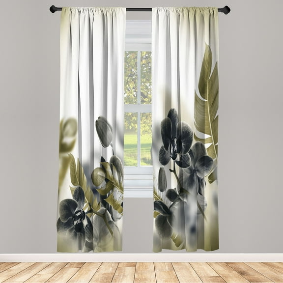 Ambesonne Tropical Curtains, Blooming Orchids Leaves, Pair of 28"x95", Dark Grey