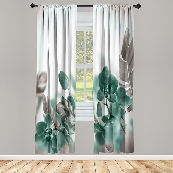 Ambesonne Tropical Curtains, Blooming Orchids Leaves, Pair of 28"x95", Jade Green