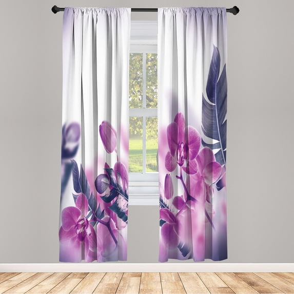 Ambesonne Tropical Curtains, Blooming Orchids Leaves, Pair of 28"x95", Pale Fuchsia