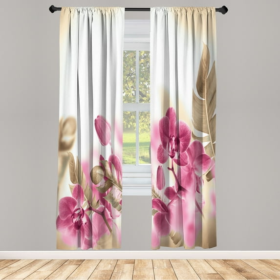 Ambesonne Tropical Curtains, Blooming Orchids Leaves, Pair of 28"x95", Pink Almond