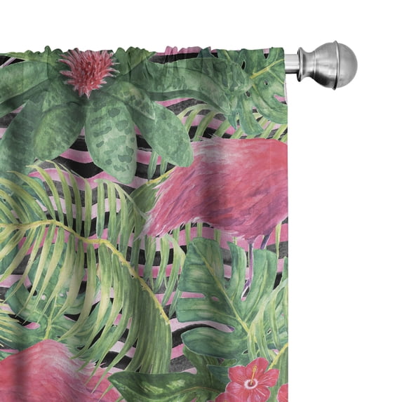 Ambesonne Tropical Curtains, Flamingo Hibiscus Palm Art, Pair of 28"x63", Dark Coral and Peacock Green