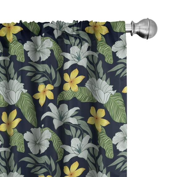 Ambesonne Tropical Curtains, Hibiscus Plumeria Leaf Art, Pair of 28"x95", Navy Blue Earth Yellow