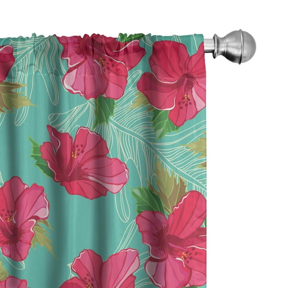 Ambesonne Tropical Curtains, Hibiscuses Exotic Floral, Pair of 28"x95", Dark Coral and Cadet Blue