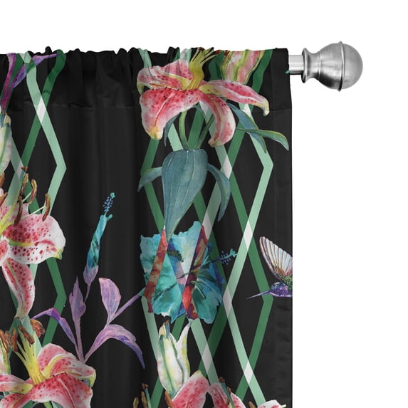 Ambesonne Tropical Curtains, Lily Hibiscus Butterfly, Pair of 28"x95", Jade Green and Raspberry