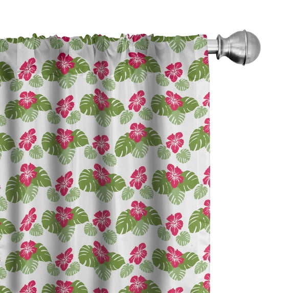 Ambesonne Tropical Curtains, Monsteras Hibiscus Flowers, Pair of 28"x84", Magenta and Olive Green