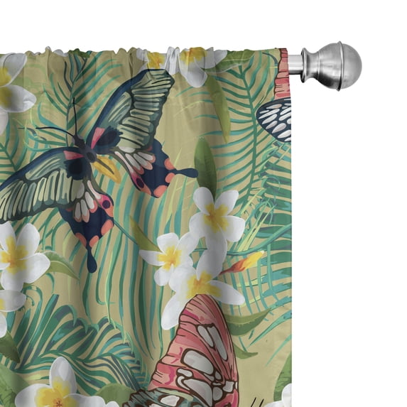 Ambesonne Tropical Curtains, Palm Leaf Butterfly Flora, Pair of 28"x84", Reseda Green Earth Yellow