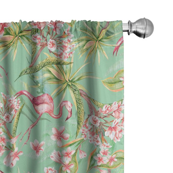 Ambesonne Tropical Curtains, Plumerias Flamingos Leaves, Pair of 28"x84", Almond Green Dried Rose
