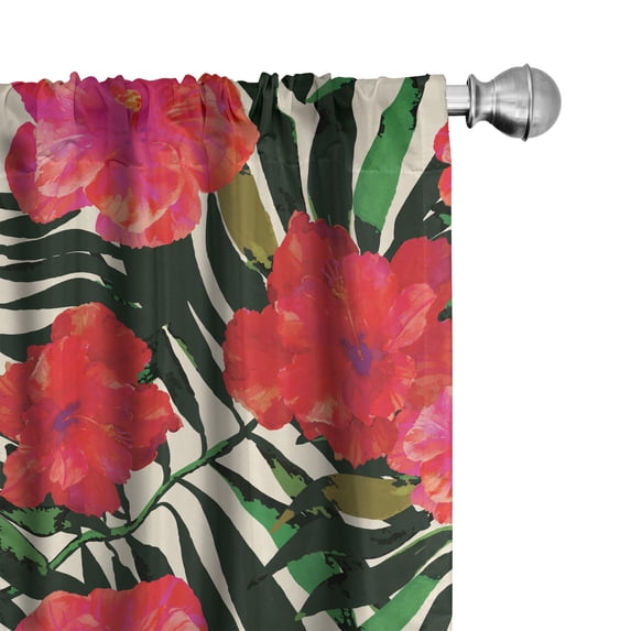 Ambesonne Tropical Curtains, Red Exotic Flowers Palm, Pair of 28"x95", Scarlet Olive Green and White