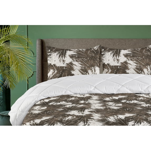 Ambesonne Tropical Down Alternative Quilt Comforter, Earthy Exotic Pattern Leaf, King, Dark Taupe White