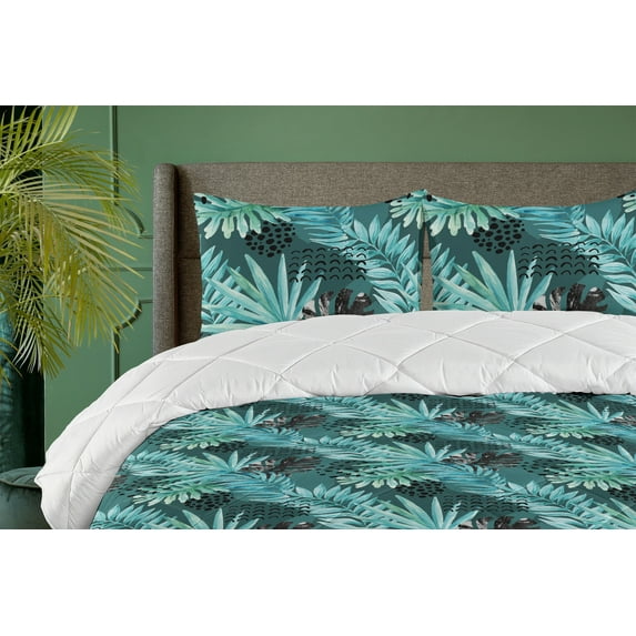 Ambesonne Tropical Down Alternative Quilt Comforter, Exotic Leaves Hand-Drawn, King, Seafoam and Pale Blue