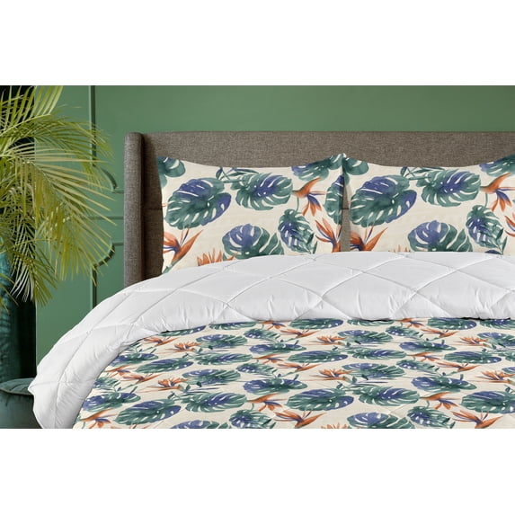 Ambesonne Tropical Down Alternative Quilt Comforter, Exotic Watercolor Foliage, Full, Hunter Green Teal and Blue