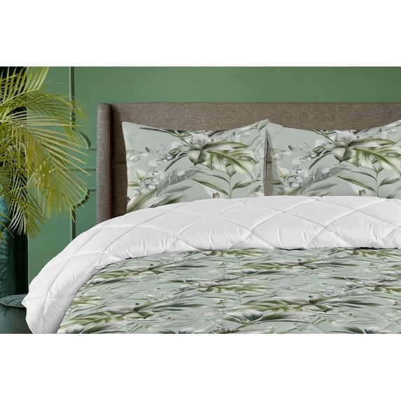 Ambesonne Tropical Down Alternative Quilt Comforter, Vintage Jungle Foliage Art, King, Olive Green and Pale Seafoam