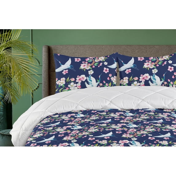 Ambesonne Tropical Down Alternative Quilt Comforter, Watercolor Cranes Flowers, Twin, Dark Coral and Petrol Blue
