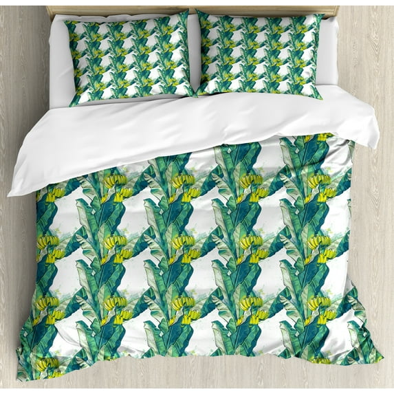 Ambesonne Tropical Duvet Cover Set, Banana Tree Exotic Fruits, King, Yellow Pale Petrol Blue
