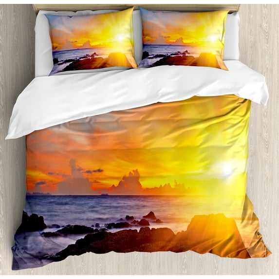 Ambesonne Tropical Duvet Cover Set, Colorful Sunset Sky, 2-Calking, Orange Blue