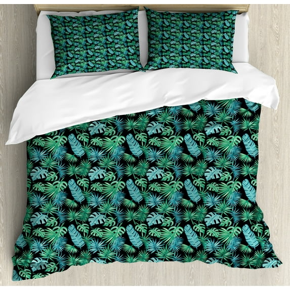 Ambesonne Tropical Duvet Cover Set, Hawaiian Island Leaves, Calking, Seafoam Dark Teal