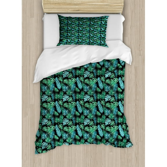 Ambesonne Tropical Duvet Cover Set, Hawaiian Island Leaves, Twin, Seafoam Dark Teal