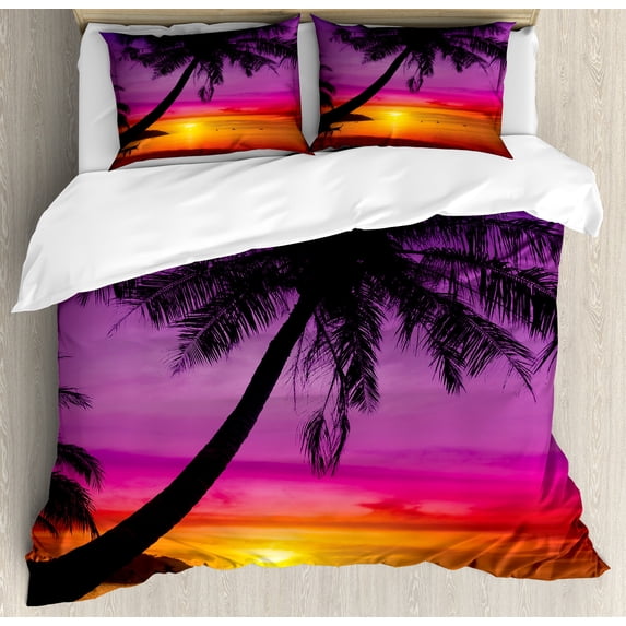 Ambesonne Tropical Duvet Cover Set, Palm Shadow at Sunset, 2-Calking, Purple Orange Black