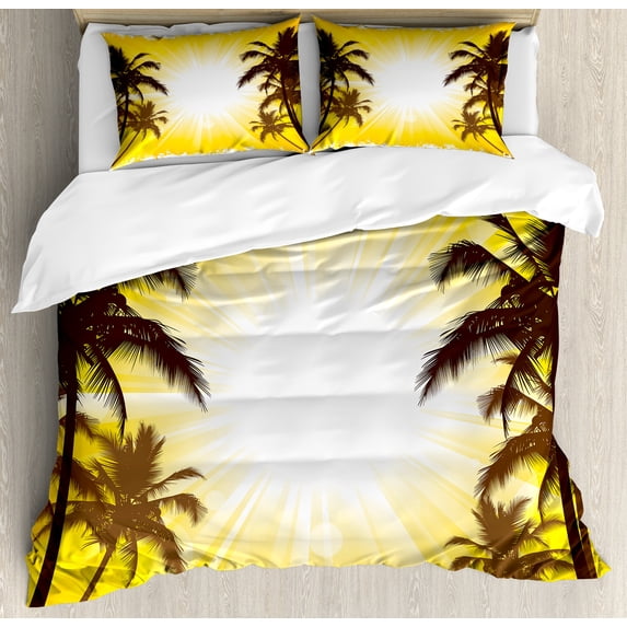 Ambesonne Tropical Duvet Cover Set, Place with Palm Trees, 2-Calking, Yellow and White