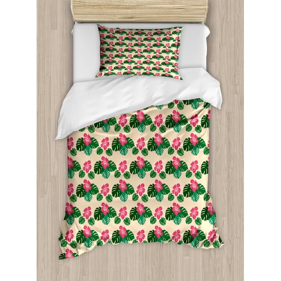 Ambesonne Tropical Duvet Cover Set, Rain Forest Blooms Leaves, Twin, Pink Peach and Green