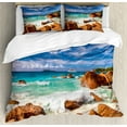 thumbnail image 1 of Ambesonne Tropical Duvet Cover Set, Rocky Coast Seychelles, Queen, Cinnamon Blue Turquoise, 1 of 3