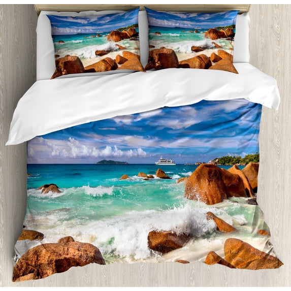 Ambesonne Tropical Duvet Cover Set, Rocky Coast Seychelles, Queen, Cinnamon Blue Turquoise