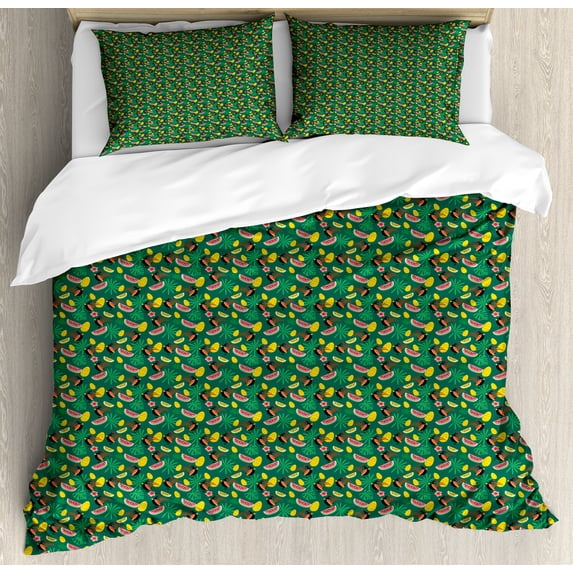 Ambesonne Tropical Duvet Cover Sets, Crested Bird Watermelon, 2-King, Forest Green Multicolor