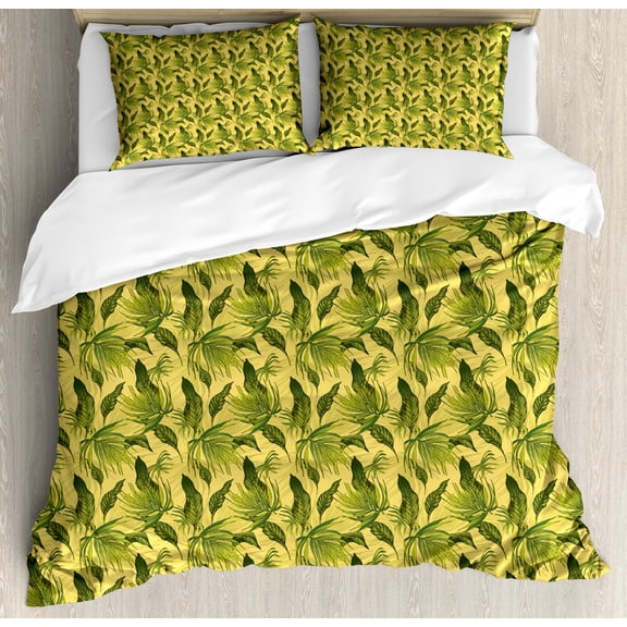 Ambesonne Tropical Duvet Cover Sets, Energetic Exotic Leaves, 2-Queen, Yellow Olive Green
