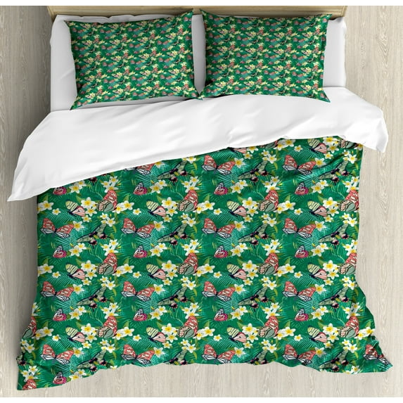 Ambesonne Tropical Duvet Cover Sets, Exotic Butterfly Plumeria, 2-King, Forest Green Multicolor