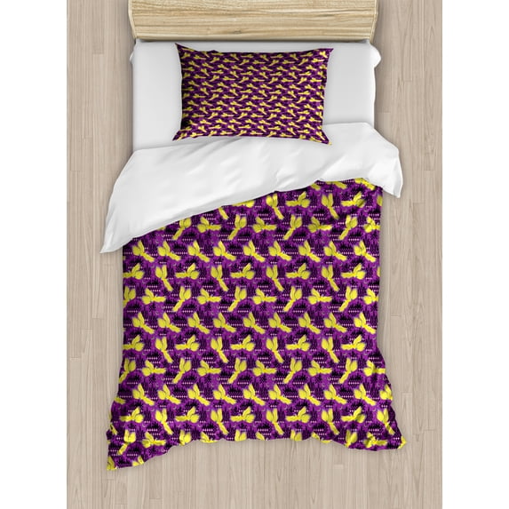 Ambesonne Tropical Duvet Cover Sets, Exotic Parrot Birds Flying, 2-Twin, Mustard Dark Grey and Purple
