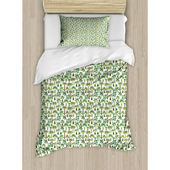 Ambesonne Tropical Duvet Cover Sets, Exotic Plants and Trees, 2-Twin, White Jade Green