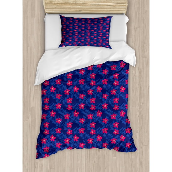 Ambesonne Tropical Duvet Cover Sets, Hibiscus Blossom Jungle, 2-Twin, Persian Blue Dark Coral