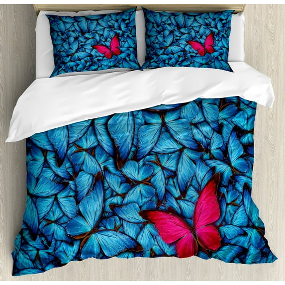 Ambesonne Tropical Duvet Cover Sets, Large Bugs Lepidoptera, 2-King, Pink Blue Brown
