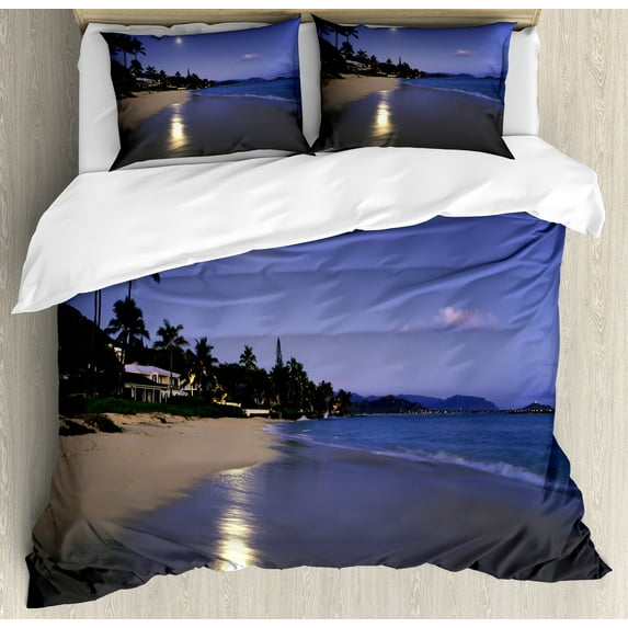 Ambesonne Tropical Duvet Cover Sets, Moonlight Hawaii Sea, 2-King, Navy Sand
