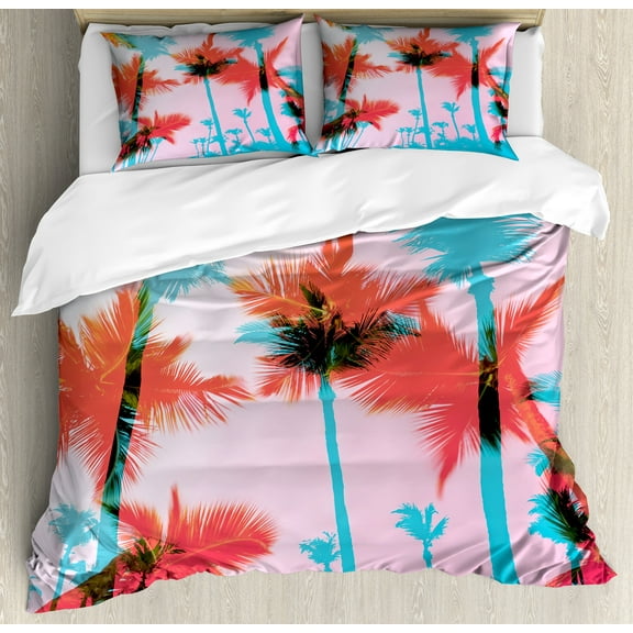 Ambesonne Tropical Duvet Cover Sets, Palm Tree Silhouettes, 2-King, Dark Coral Turquoise