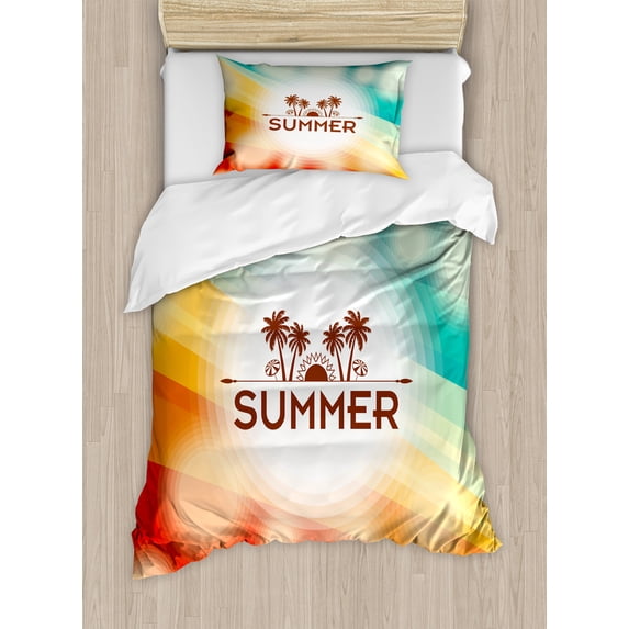 Ambesonne Tropical Duvet Cover Sets, Palm Tree Sun Holiday, 2-Twin, Orange Scarlet Teal