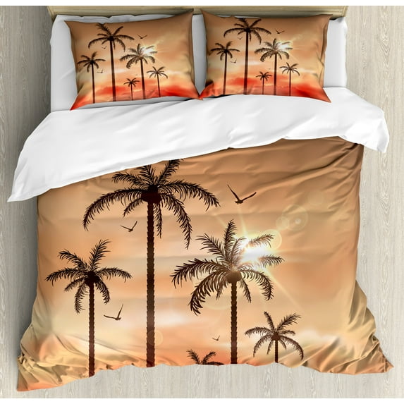 Ambesonne Tropical Duvet Cover Sets, Palms Dramatic Sky, 2-Queen, Coral Salmon Brown