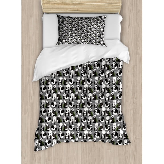 Ambesonne Tropical Duvet Cover Sets, Panda Bears on Stripes, 2-Twin, Dark Blue Grey and White
