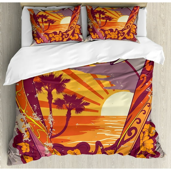 Ambesonne Tropical Duvet Cover Sets, Retro Exotic Summer, 2-King, Orange Maroon Bluegrey